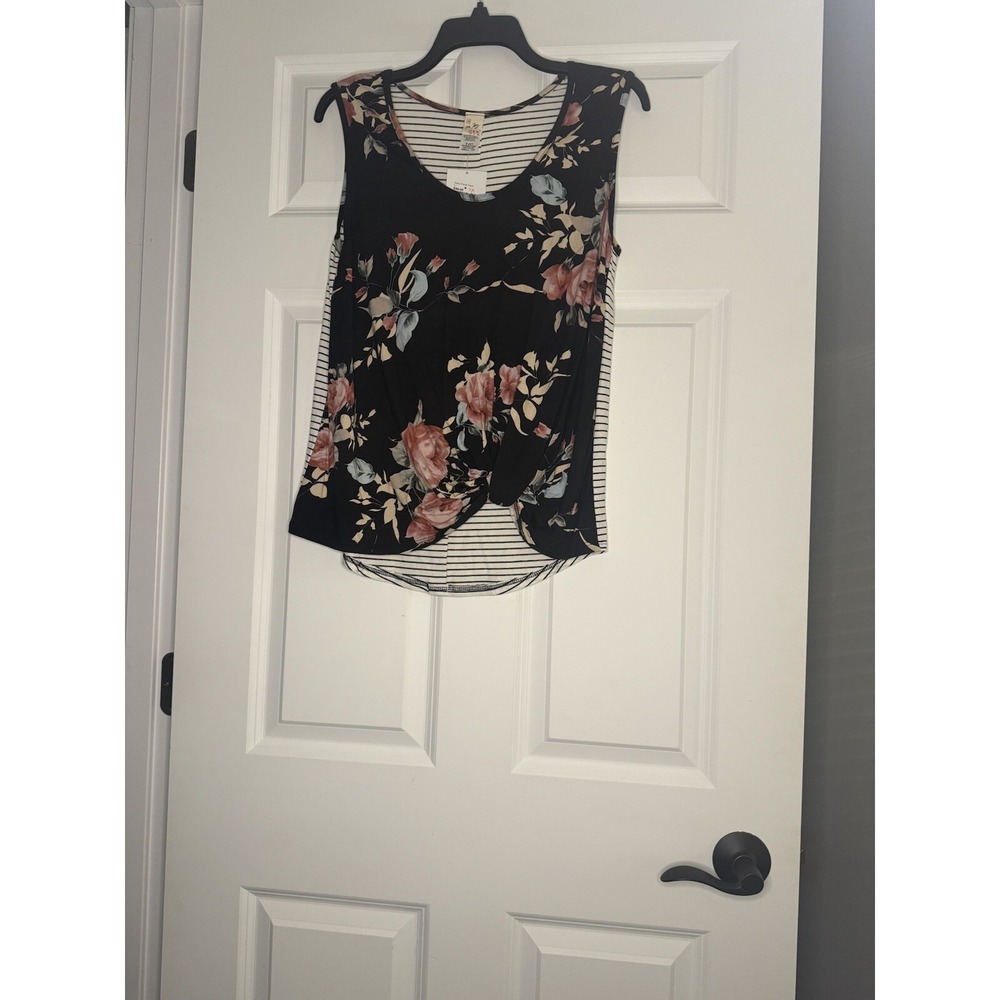 7th Ray Multi Floral Striped Twist Front Tank Top Small Black W Multicolor Nwt